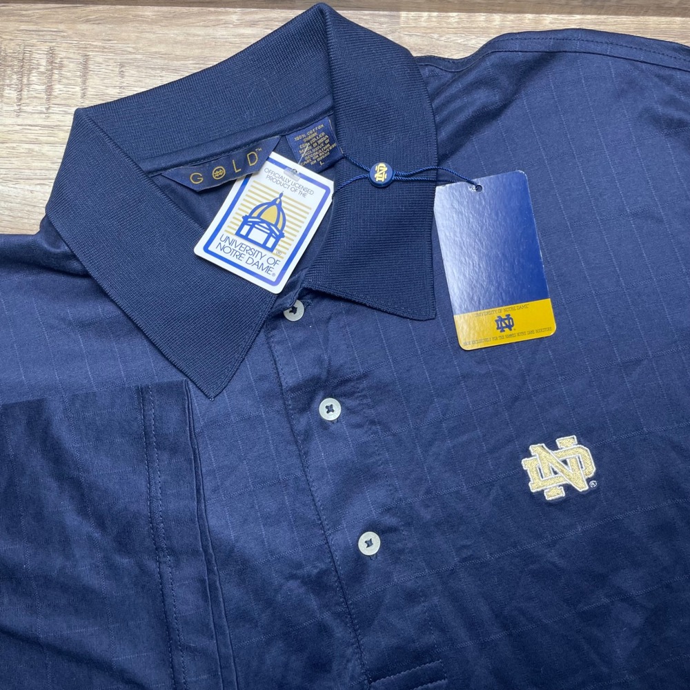 Gold Notre Dame Fighting Irish Navy Blue Cotton Polo Shirt Men Large New Stretch